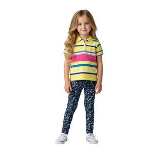 New Polo Tommy Hilfiger Kids Girl T-shirt Short Sleeve Striped Pink Yellow- XS